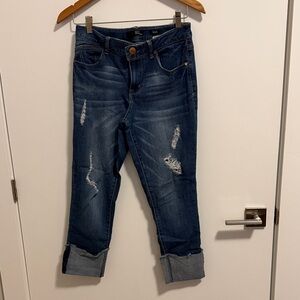 1822 Denim Dark Blue Distressed Boyfriend Jeans with Cuffed Hems